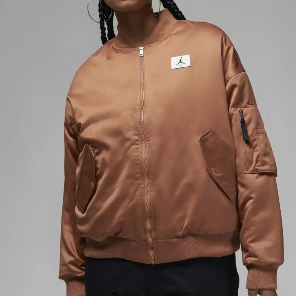 Nike Women Jordan Flight Renegade Oversized Bomber Satin Jacket Brown Sz XL NWT